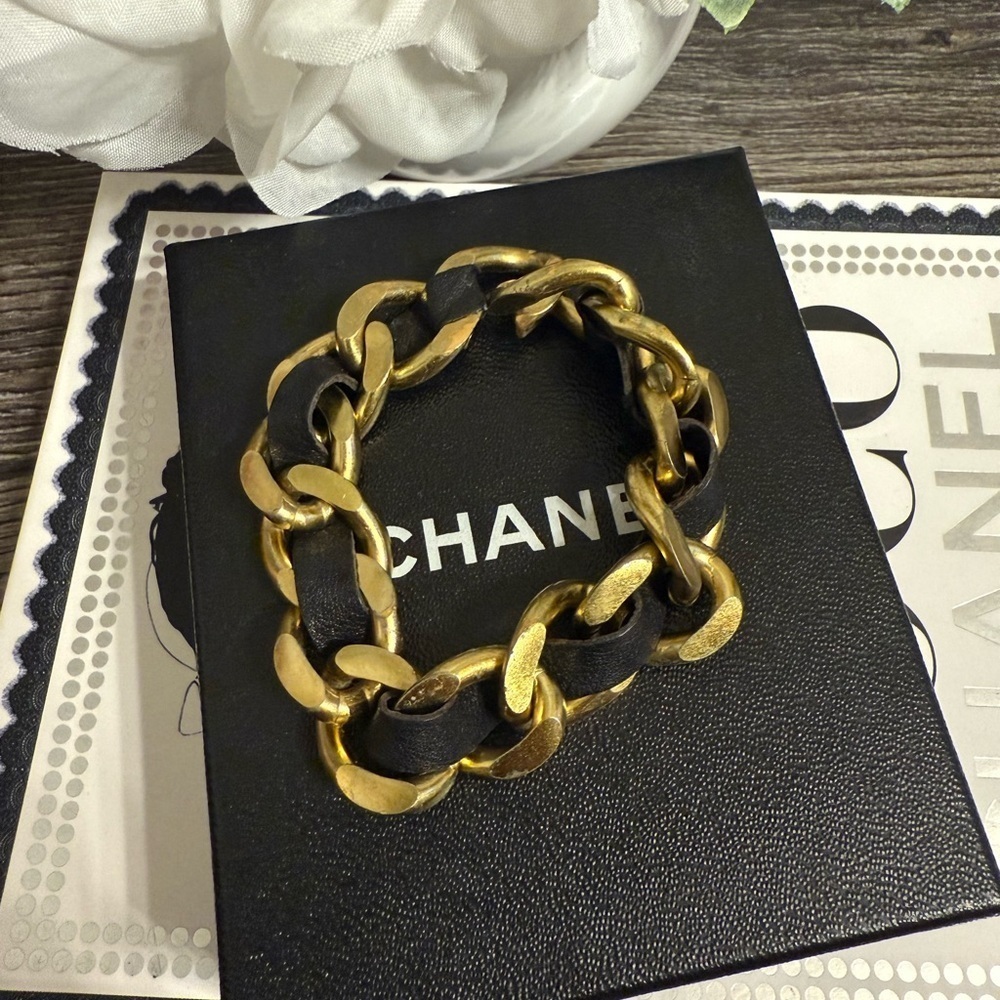 CHANEL Vintage Gold Chain Link & Black Leather Bracelet